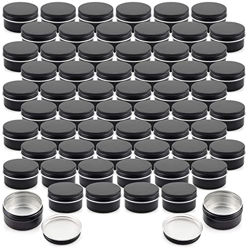 Foraineam 60 Pack 1 oz. Aluminum Round Lip Balm Tin Container Bottle with Screw Lid - Black Empty Tins for Salve, Powder, Spice, or Candies