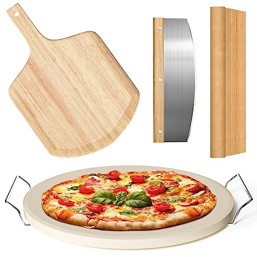 5 PCS Round Pizza Stone Set, 13' Pizza Stone for Oven and Grill with Pizza Peel(OAK),Serving Rack, Pizza Cutter & 10pcs Cooking Paper for Free, Baking Stone for Pizza, Bread（gift for Mom)