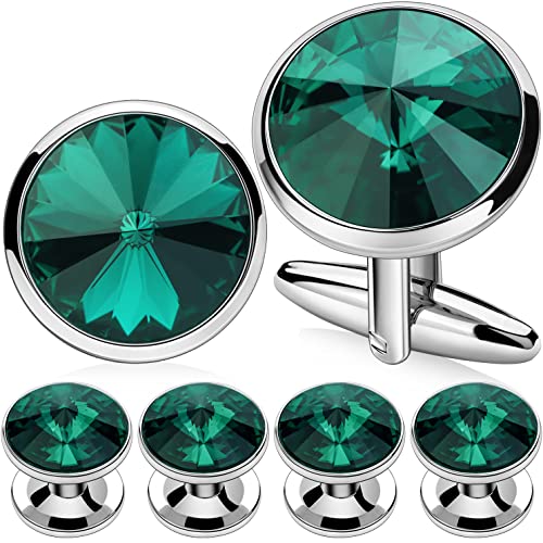 HAWSON Cufflink and Studs Tuxedo Set Silver Color with Austrian Crystals in Jet Hematite, Dark Blue, Crystal Grey,Purple, Green (Emerald)