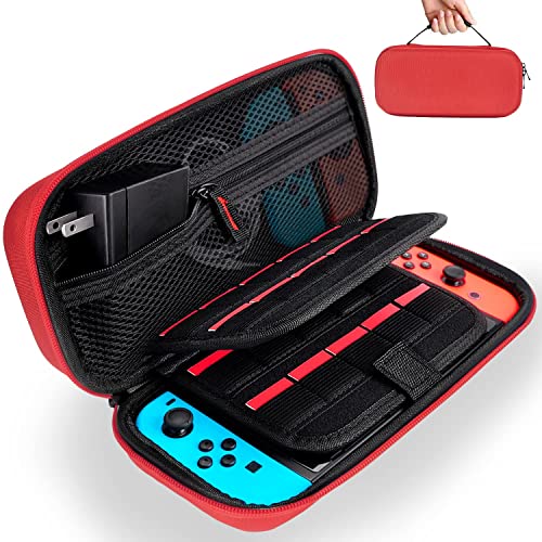 Deruitu Switch Carrying Case Compatible with Nintendo Switch - Fit AC Charger Adapter - with 20 Game Cartridges Hard Shell Travel Switch Pouch for Console & Accessories，Red
