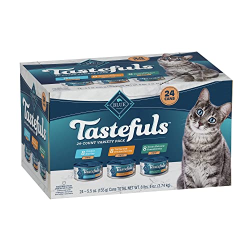 Blue Buffalo Tastefuls Wet Cat Food Paté Variety Pack, Made with Natural Ingredients | Chicken, Turkey & Chicken, Ocean Fish & Tuna Entrées, 5.5-oz. Cans (24 Count, 8 of Each)