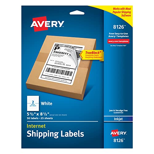Avery Printable Shipping Labels, 5.5' x 8.5', White, 50 Blank Mailing Labels (8126)