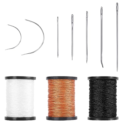 Upholstery Sewing Thread Kit,3 Rolls Upholstery Thread Nylon Thread Heavy Duty Needle and Thread Kit with 7 Pcs Leather Needles for Hand Sewing for Canvas Bags Sofa (3 Colors)