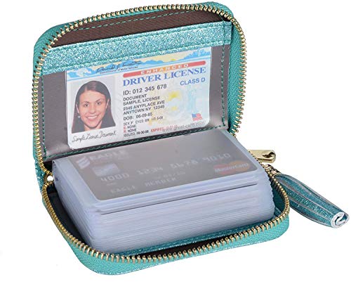YUHAN PRETTY Womens Credit Card Holder Wallet RFID Leather Small ID Card Case (20 Card Slots - Glitter Teal)