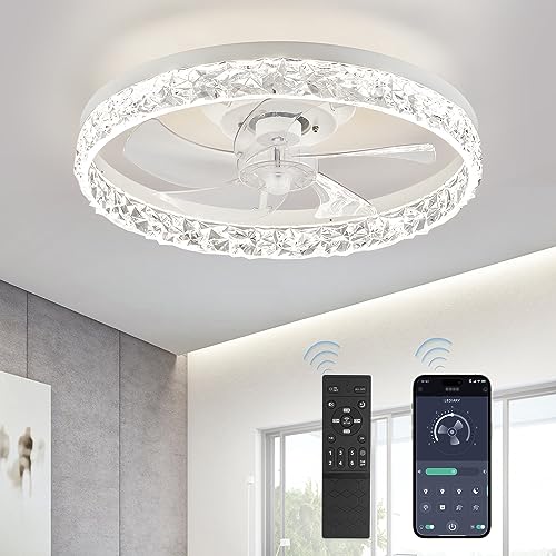 LEDIARY 20' Modern Ceiling Fans with Lights and Remote, Dimmable Low Profile Ceiling Fan, Flush Mount Bladeless Ceiling Fan, Stepless Color Temperature Change and 6 Speeds - White