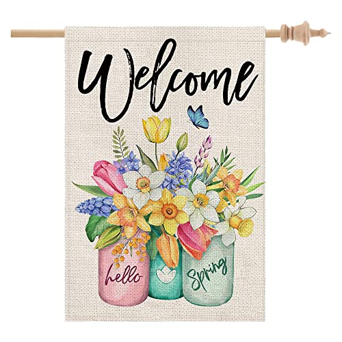 CROWNED BEAUTY Spring House Flag Floral Mason Jar Big 28×40 Inch Double Sided Outside Vertical Holiday Yard Flag CF410-40