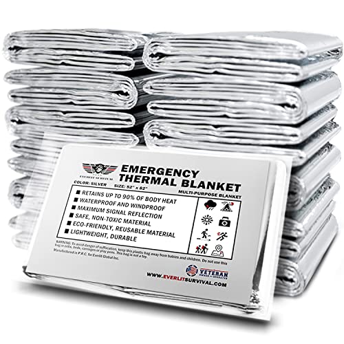 EVERLIT Survival Emergency Mylar Thermal Blanket, Foil Space Blanket Designed for NASA, Body Warmer Blanket for Outdoor, First Aid, Camping Gear, Hiking Travel (Silver, 12 Pack)