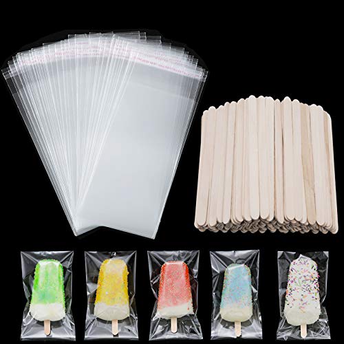 Boao 200 Pieces Ice Cream Sticks and Bags Set Included 100 Pcs Self Adhesive Ice Cream Bag 100 Pcs Disposable Wooden Sticks Craft Stick for DIY Making Ice Cream Supply