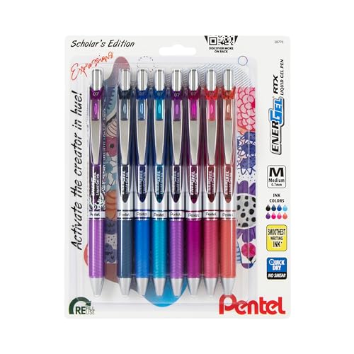 EnerGel RTX Retractable Liquid Gel Pen, Creator Expressions Pack, 0.7mm, Metal Tip, Medium Line, Assorted Ink, Pack of 8 Pens (BL77XRIGBP8M)