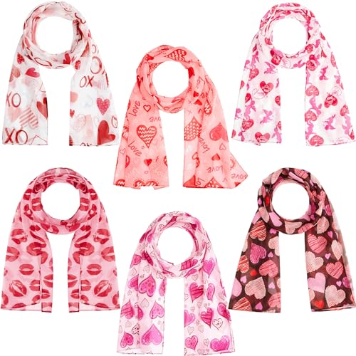 Breathffy 6 Pcs Valentine's Scarf Patterns Heart Printed Festive Scarf Valentines Day Scarf for Women Long Scarf for Mother's Day Valentine's Day Christmas Birthday Gift, Mainly Pink Red and White