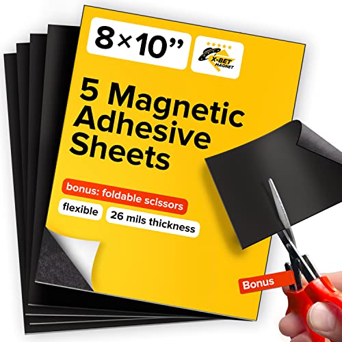 Magnetic Sheets with Adhesive Backing - 5 PCs Each 8' x 10' - Flexible Magnetic Paper with Strong Self Adhesive - Sticky Magnet Sheets for Photo and Picture Magnets, Stickers and Other Craft Magnets