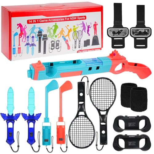 Switch Sports Acessories Bundle 14 in 1 for Nintendo Switch / Oled Sports Games Family Kit, include Game GunX1，Golf ClubsX2, Hand GripsX2, Leg StrapsX2, Wrist StrapsX2, Tennis RacketsX2, SwordsX2, Wri