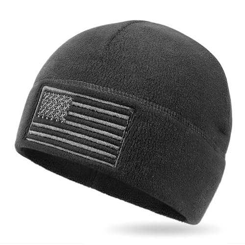 American Flag Fleece Watch Cap, USA Multi-Season Army Military Tactical Beanie, Winter Warm Beanie, Black, One Size