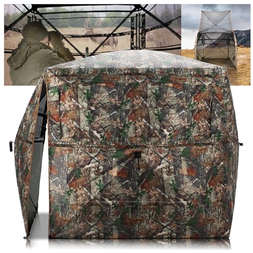 HUNTSEN Hunting Blind 360 Degree See Through Ground Blind 2-3 Person - Portable Pop Up Deer Blind with Full Open Door - Camouflage Ground Blind for Deer & Turkey Hunting