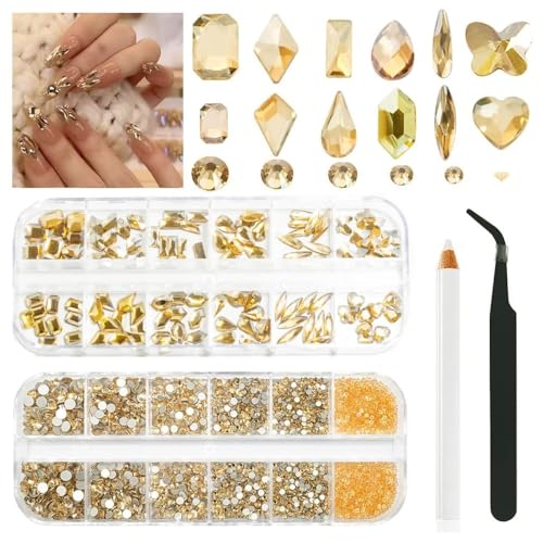 2680Pcs Champagne Gold Nails Rhinestones, 120Pcs Big Golden Nail Charms, Diamond Gems Stones with K9 Bling Flatback Round Beads, Clear Glass Crystal Jewelry for Nails Faces Eyes Makeup Decoration