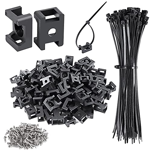 XHF 100 Pcs Cable Zip Tie Saddle Type Mounts Base with 100 Pcs 8' Cable Ties and 100 Pcs Tapping Screw, Wire Cable Clips Organizer Holders Clamps Black