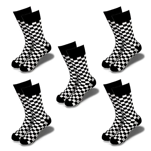 SNSE 5PK Fashion Men novelty Socks Checker board crew Socks, - Skateboard Socks (Shoe Size 6-12) (Black,White)