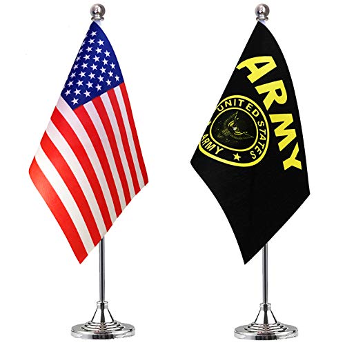 LoveVC US Army Gold Crest Desk Flag Small Mini USA Military Office Desk Table Flags with Stand Base,2 Pack