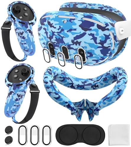 Silicone Cover Set Compatible with Oculus/Meta Quest 3, Touch Controller Grips Cover, VR Shell Cover, Facial Interface Cover, Protective Lens Cover, Tempered Glass Lens Caps (Camouflage Blue)