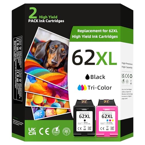 62XL Ink Cartridge Black and Color Combo Pack for HP Ink 62 62XL High Yield Replacement Fit for Envy 7640 7645 5660 5642 5540 for OfficeJet 8045 8040 5746 5745 5740 5740 258 250 200 (2 Pack)
