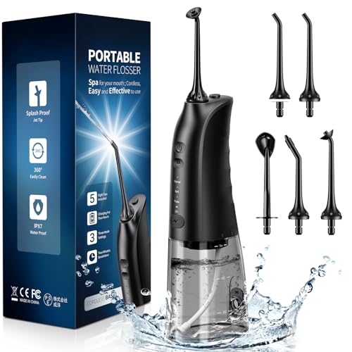 Demita Cordless Water Flosser for Teeth, 300ML 3 Modes 5 Jet Tips Portable Electric Flosser Pick for Adults, IPX7 Waterproof Oral Irrigator Dental Flosser Cleaning Kit for, Gums, Braces Care(Black)