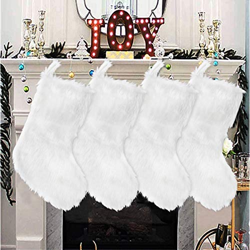 Senneny 4 Pack 18 Inch Snowy White Christmas Stockings Faux Fur Christmas Stockings Large Christmas Hanging Stockings Decorations for Family Christmas Holiday Party