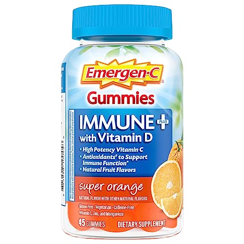 Emergen-C Immune+ Immune Gummies, Vitamin D plus 750 mg Vitamin C, Immune Support Dietary Supplement, Caffeine Free, Gluten Free, Super Orange Flavor - 45 Count