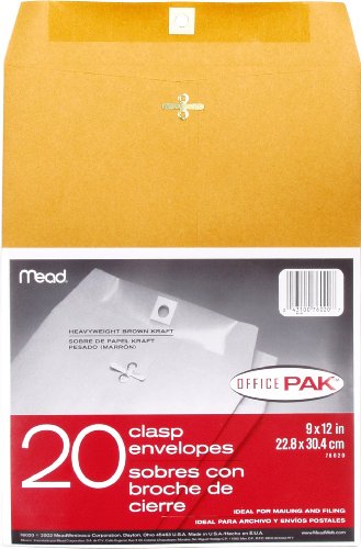 Mead Mailing Envelopes, Clasp Closure, 9' X 12', All-Purpose 24-lb Paper, Brown Kraft Material, 20 per Box (76020)