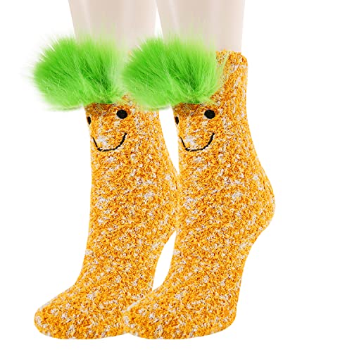 Benefeet Sox Orange Crazy Fuzzy Socks for Women with Grips Non Slip Funny 3D Carrot Fuzzy Slipper Socks Girls Ugly Silly Soft Fluffy Comfy Cozy Socks Indoor Warm Winter Sleep Socks Gag Christmas Gifts