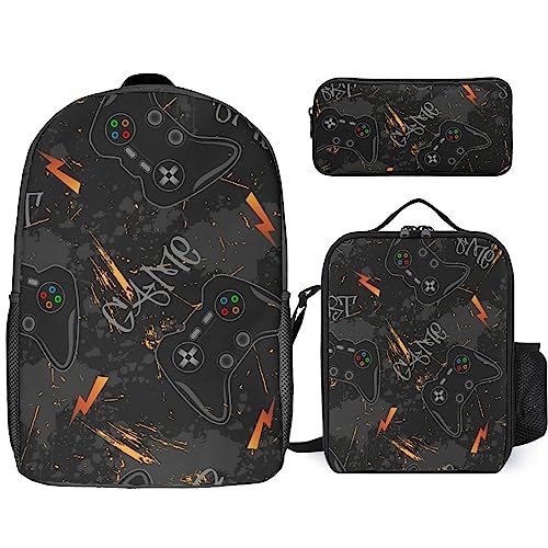 NAWFIVE Cool Game Joysticks Backpack And Lunch Bag,Pencil Case 3 Set Bag Grunge Gamepad Console Lightweight Casual Daypack for Men Women Work,Travel