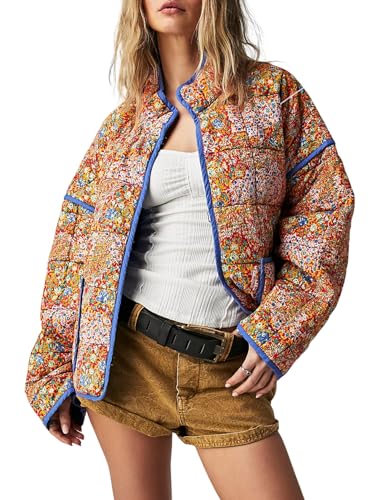 Wyeysyt Women's Cropped Puffer Jacket Lightweight Floral Print Long Sleeve Padded Quilted Puffy Cardigan Coat (Orange-S)