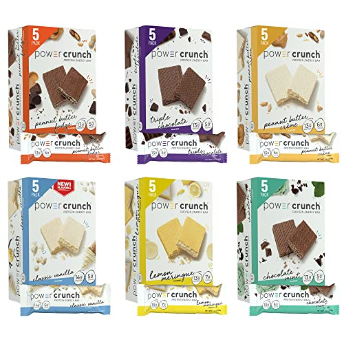 Power Crunch Protein Wafer Bars, Variety Pack, in 6 Flavors 1.4 Ounce Bars (30 Count). High Protein Snacks with Delicious Taste