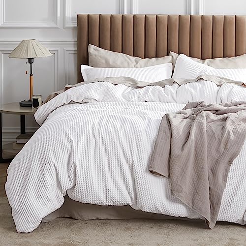 Bedsure Cotton Duvet Cover Queen - 100% Cotton Waffle Weave Bright White Duvet Cover Queen Size, Soft and Breathable Queen Duvet Cover Set for All Season (Queen, 90'x90')