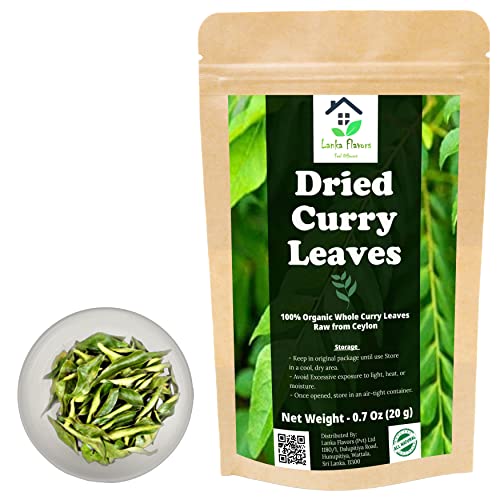 Dried Curry Leaves 0.7 Oz (20 g) Whole Herbs Leaf for Asian Spices Food Organic Natural Air Dried Kari Patta Aromatic Flavors - Lanka Flavors Feel Different