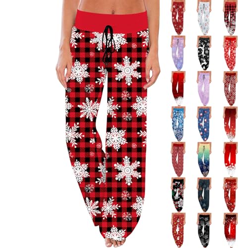 Christmas Pajama Pants for Women Baggy Buffalo Plaid Wide Leg Lounge Pants Soft Elastic High Waisted Sleep Pants Women's Fall Winter Red and Black Plaid Pajama Pants Buffalo Plaid Pajama Pants