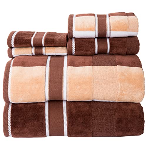 6PC Towel Set - Absorbent Cotton Bathroom Accessories with Bath Towels, Hand Towels, and Wash Cloths - Solid and Striped Towels by Lavish Home (Brown)
