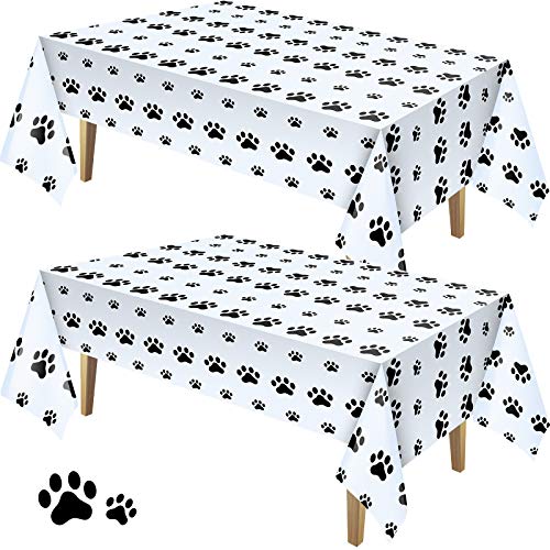 2 Pieces Puppy Paw Print Plastic Tablecloth Disposable Table Cover Puppy Themed Birthday Party Decorations for Dog Party Supplies (White,108 x 54 Inch)
