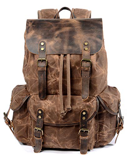 WUDON Leather Backpack for Men, Waxed Canvas Shoulder Rucksack Carry-On Travel Backpack