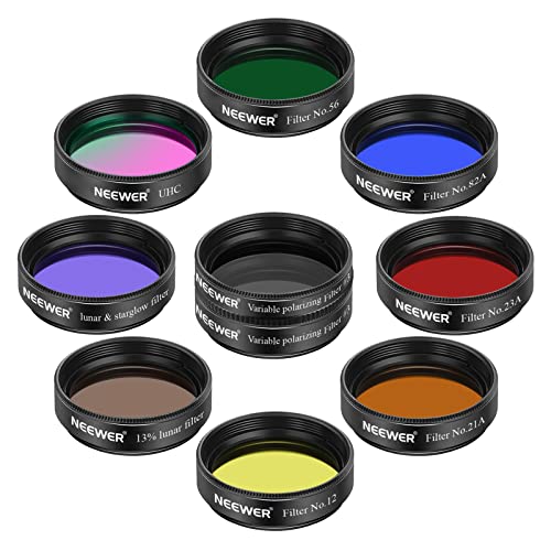 NEEWER 1.25” Telescope Eyepiece Filter Set (10 Pack), 5 Planetary Color Filters, 2 Variable Polarizing Filters, UHC Filter, Lunar & Starglow Filter, 13% Lunar Filter for Starry Sky Moon Observation