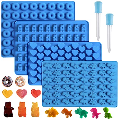 Sidosir 4Pcs Gummy Candy Molds, Gummy Bear Molds, Gummy Dinosaur Molds, Gummy Donut Molds and Gummy Hearts Molds, Non-stick Silicone Candy Molds with 2 Droppers (4Shapes)