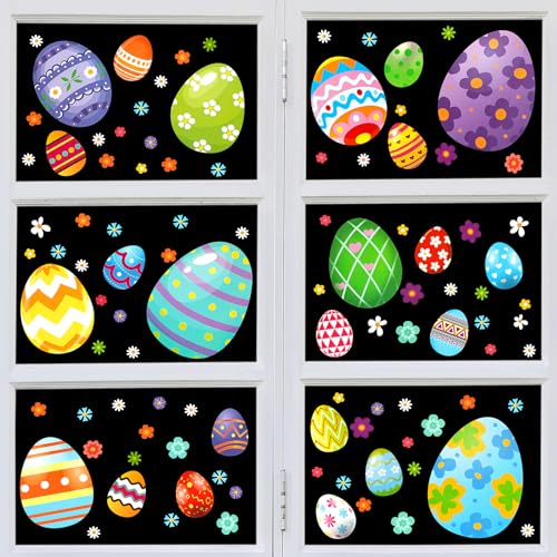 HIKUIBU Large Easter Eggs Window Clings, Easter Window Clings for Kids, 9' Painted Eggs Window Stickers, 9 Sheets Spring Window Clings Egg Hunt Games Decals for Home School Easter Party Decorations