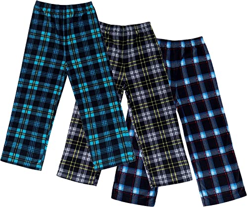 Mad Dog Concepts 3-Pack Boys Pajama Pants - Soft Micro Fleece PJ Bottoms for Kids, Printed Plaid Design - Boy's Sleepwear - Size 10-12, Black/Blue/Teal