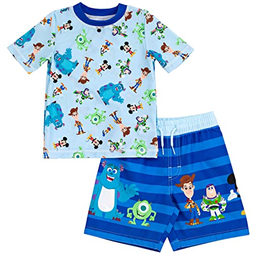 Disney Pixar Toy Story Monsters Inc. Mickey Mouse D100 Toddler Boys Rash Guard and Swim Trunks Outfit Set Blue 5T