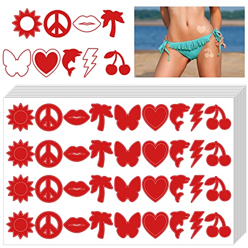 720 Pieces Tanning Sunbathing Stickers Perforated Body Stickers Self Adhesive Tanning Stickers Heart Butterfly Lips Tanning Bed Stickers for Kids Face Body Beach Accessories, 9 Styles (Red)