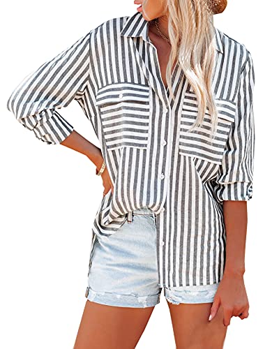 OMSJ Women's Striped Button Down Shirts Casual Long Sleeve Stylish V Neck Blouses Tops with Pockets (M, Black)