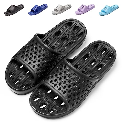 Aoowoll Shower Shoes for Men and Women Non-Slip Flip Flops,Shower Slippers,Quick Drying Sandals,Plastic Slides with Holes Perfect for Bathroom,College Dorm Use(Black EU44-45)