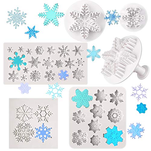 6 Pieces Snowflake Fondant Mold Silicone Baking Mold Chocolate Dessert Molds with Snowflake Plunger Cutters Cake Embossing Tools for Cake Decorations