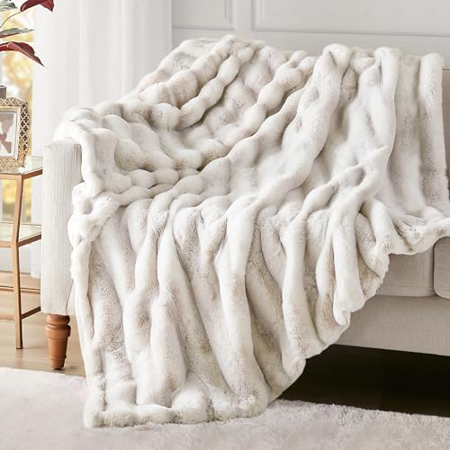 Hyde Lane Ultra Soft Plush Throw Blanket, Fuzzy Faux Rabbit Fur Throws, Luxury Cozy Fluffy Blankets for Sofa, Couch, Living Room Decor, Frost Fox, 60'x80'