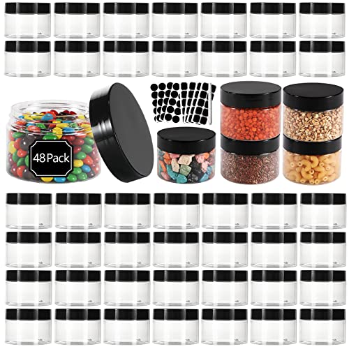 EkkoVla 48 Pack 4 oz Clear Plastic Jars Wide Mouth Round Containers with Black Lids BPA FREE, Empty Multi-use Refillable Storage Jar with Airtight Lid for Cosmetics Beauty Products