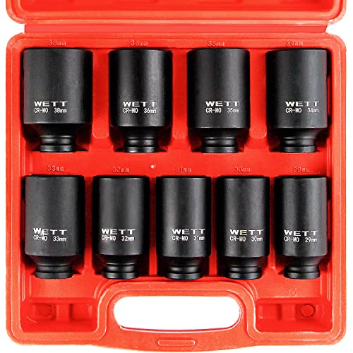 WETT 1/2' Drive Deep Impact Socket Set, 9-Piece Spindle Axle Nut Metric 6 Point Sockets Set, CR-MO, 29mm-38mm